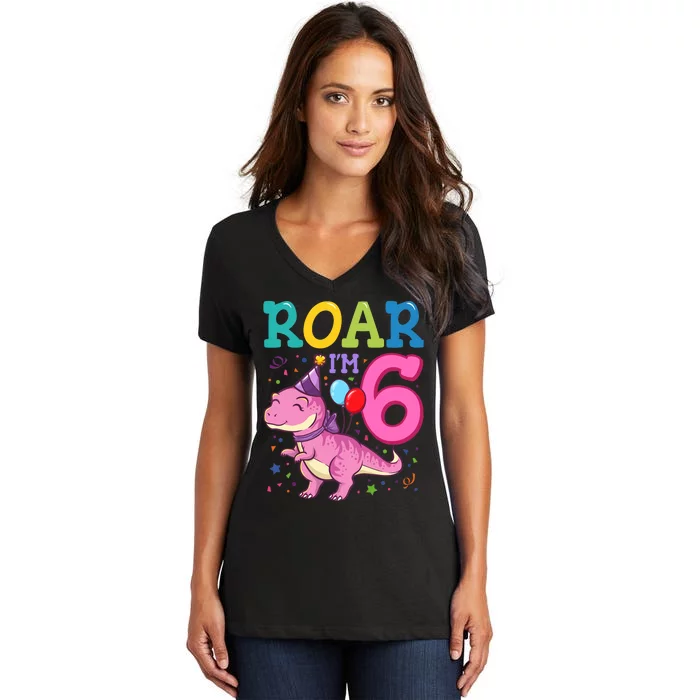 Roar Im 6 Year Old Dinosaur Girl 6th Birthday Party Women's V-Neck T-Shirt