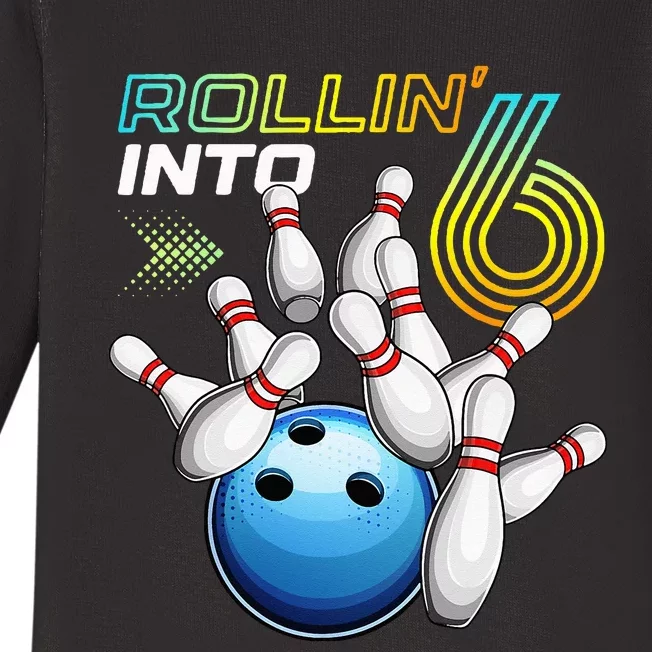 Rollin Into 6 Retro Bowling Birthday Party 6th Birthday Baby Long Sleeve Bodysuit