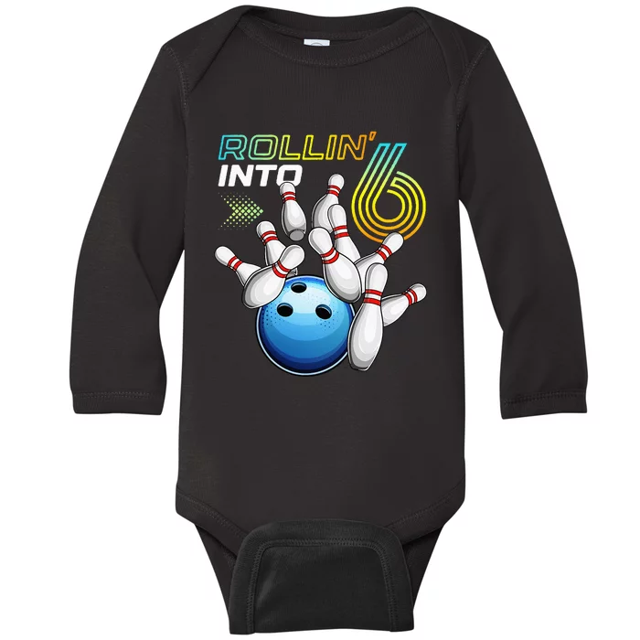 Rollin Into 6 Retro Bowling Birthday Party 6th Birthday Baby Long Sleeve Bodysuit