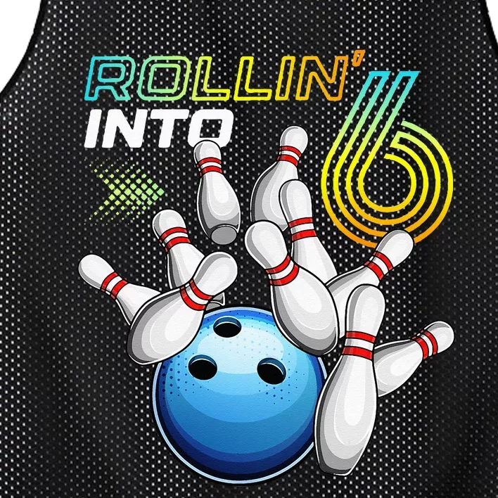 Rollin Into 6 Retro Bowling Birthday Party 6th Birthday Mesh Reversible Basketball Jersey Tank