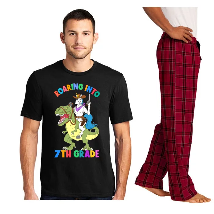 Roaring Into 7th Grade Unicorn Riding Dinosaur Back School Funny Gift Pajama Set