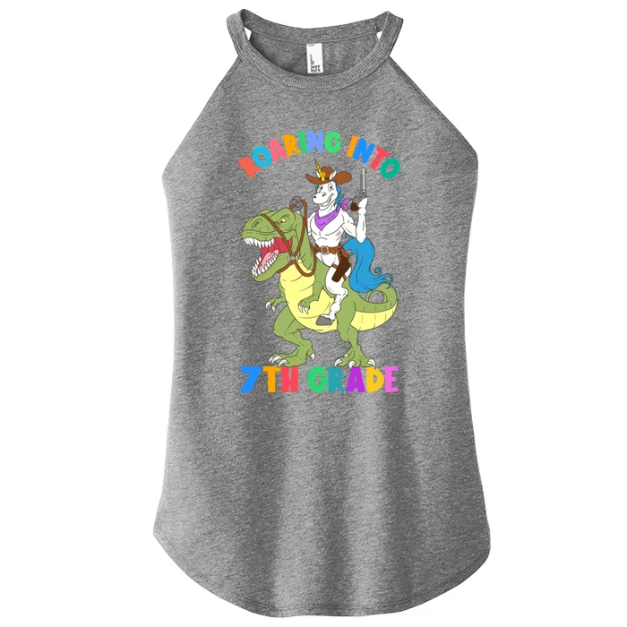 Roaring Into 7th Grade Unicorn Riding Dinosaur Back School Funny Gift Women’s Perfect Tri Rocker Tank