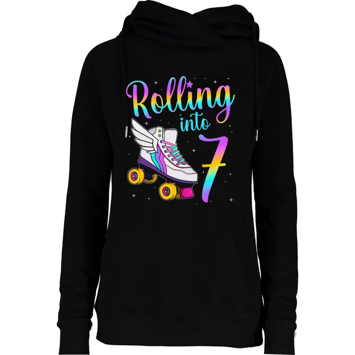 Rolling Into 7 years. Lets Roll I'm Turning 7 Roller Skates Womens Funnel Neck Pullover Hood