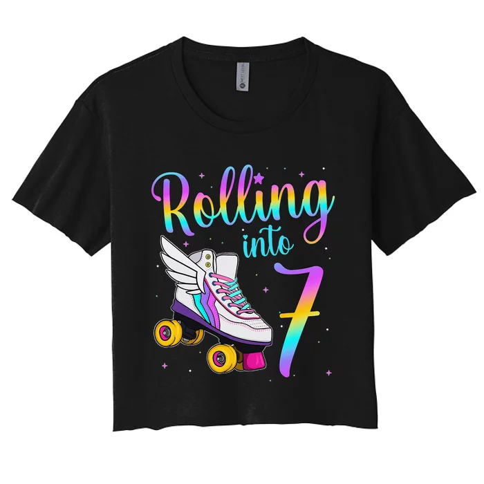 Rolling Into 7 years. Lets Roll I'm Turning 7 Roller Skates Women's Crop Top Tee