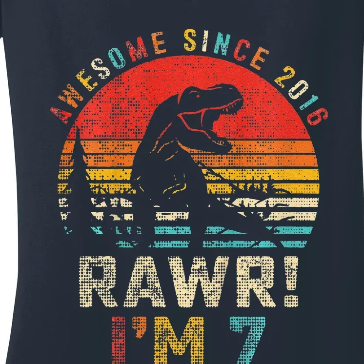 Rawr I’m 7 Dinosaur 7th Birthday Gift Awesome Since 2016 Women's V-Neck T-Shirt