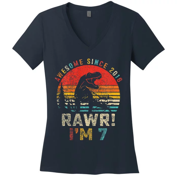 Rawr I’m 7 Dinosaur 7th Birthday Gift Awesome Since 2016 Women's V-Neck T-Shirt