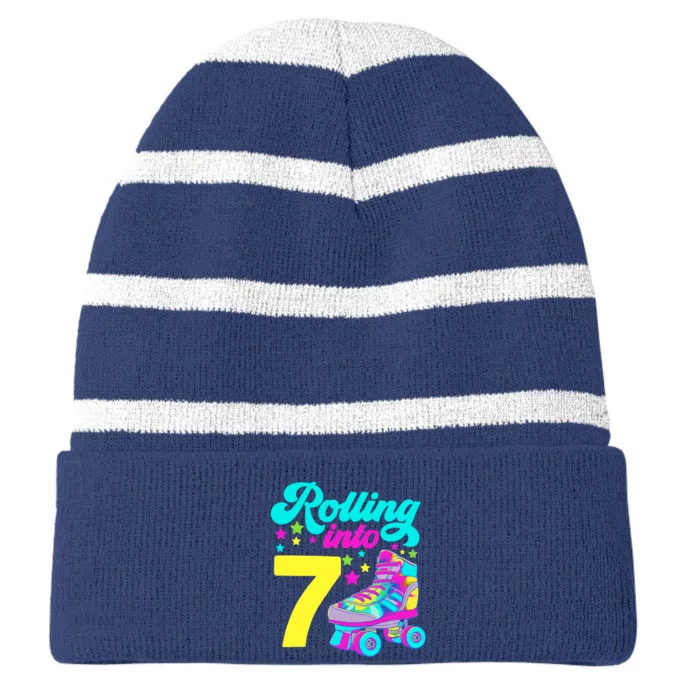 Rolling Into 7 Girl 7th Birthday Roller Skates Striped Beanie with Solid Band