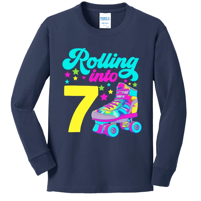 Rolling Into 7 Girl 7th Birthday Roller Skates Kids Long Sleeve Shirt