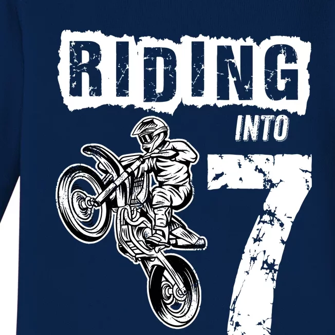 Riding Into 7 Years Old 7th Birthday Boy Dirt Bike Party Baby Long Sleeve Bodysuit