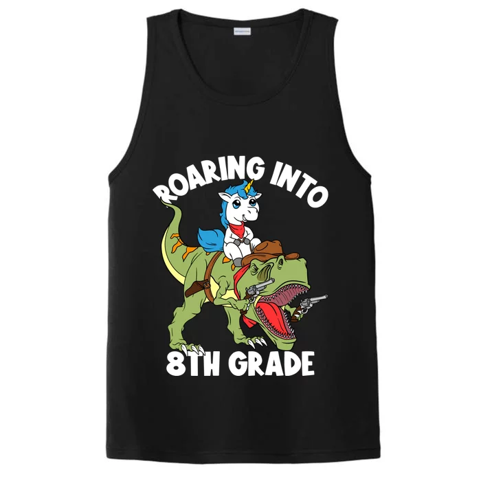 Roaring Into 8th Grade Unicorn Riding Dinosaur Gift Performance Tank