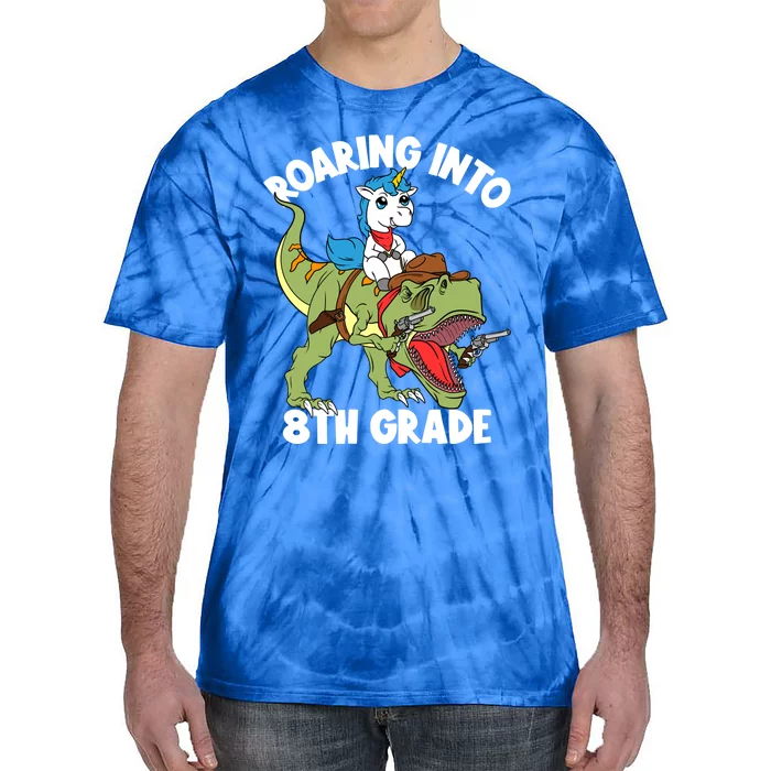 Roaring Into 8th Grade Unicorn Riding Dinosaur Gift Tie-Dye T-Shirt