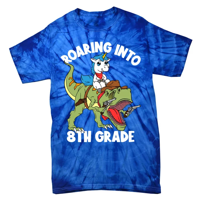 Roaring Into 8th Grade Unicorn Riding Dinosaur Gift Tie-Dye T-Shirt