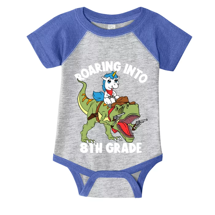 Roaring Into 8th Grade Unicorn Riding Dinosaur Gift Infant Baby Jersey Bodysuit