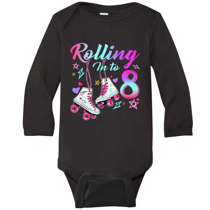 Rolling Into 8th Birthday Roller Skates 8 Year Old Rolling Baby Long Sleeve Bodysuit