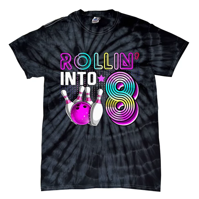 Rollin Into 8 Bowling Birthday Party 8th Birthday Retro Girl Tie-Dye T-Shirt