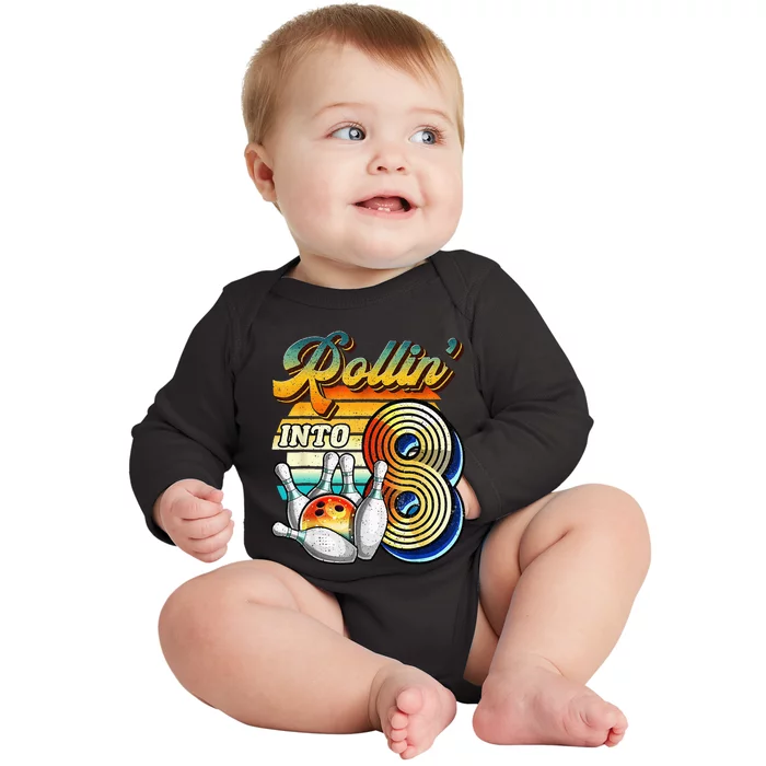 Rollin Into 8 Bowling Birthday Party 8th Birthday Baby Long Sleeve Bodysuit