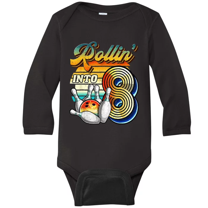 Rollin Into 8 Bowling Birthday Party 8th Birthday Baby Long Sleeve Bodysuit