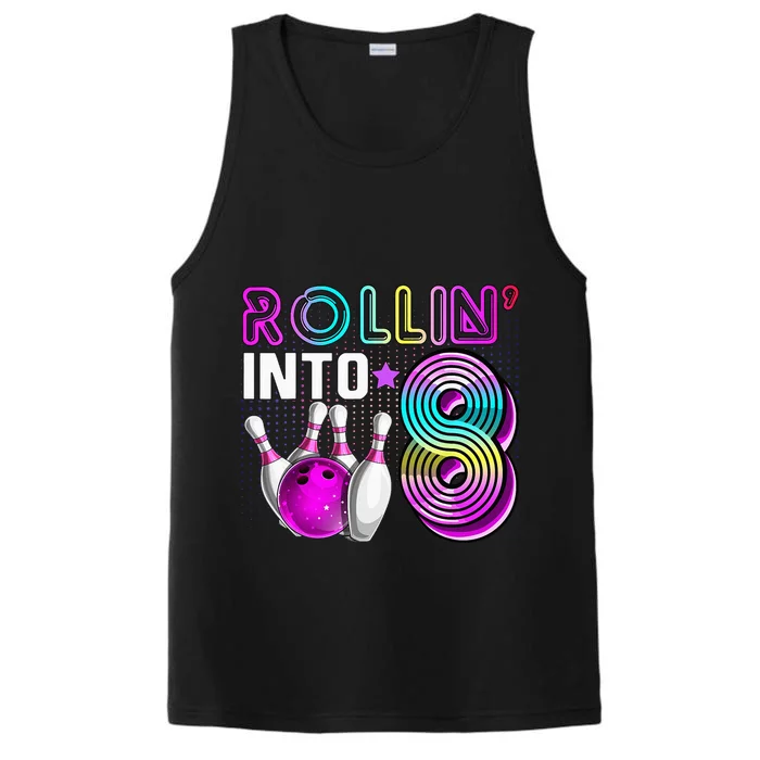 Rollin Into 8 Bowling Birthday Party 8th Birthday Retro Girl Performance Tank