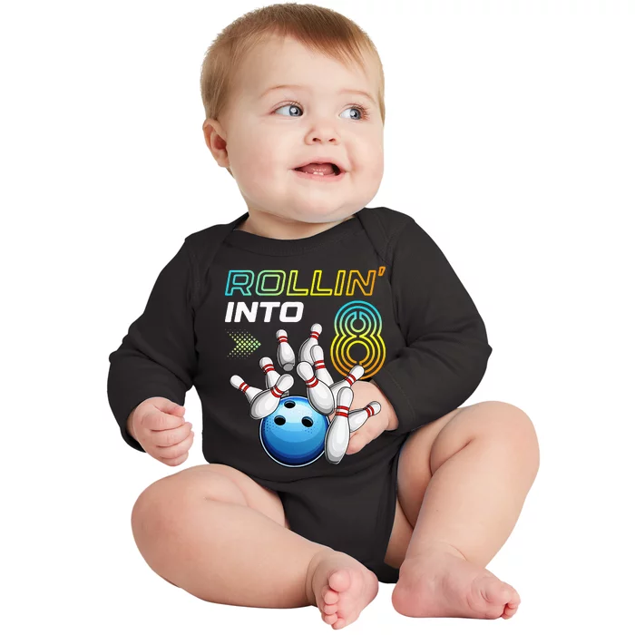 Rollin Into 8 Retro Bowling Birthday Party 8th Birthday Baby Long Sleeve Bodysuit