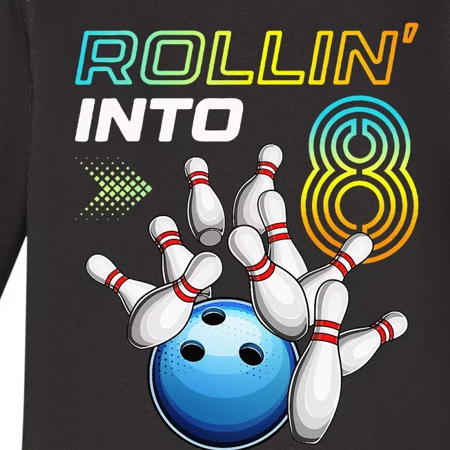 Rollin Into 8 Retro Bowling Birthday Party 8th Birthday Baby Long Sleeve Bodysuit