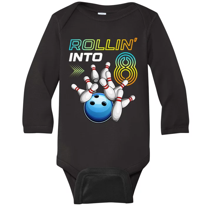 Rollin Into 8 Retro Bowling Birthday Party 8th Birthday Baby Long Sleeve Bodysuit