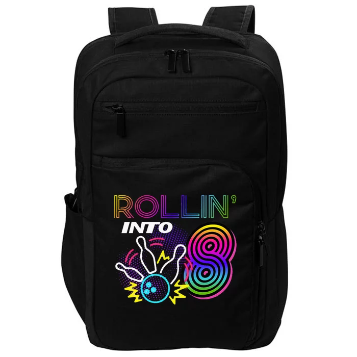 Rollin Into 8 Year Old Birthday Bowling Party 8th Bday Retro Impact Tech Backpack