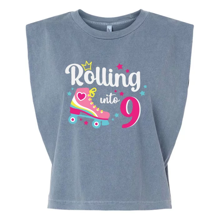 Rolling Into 9 Birthday Roller Skates 9th Birthday Garment-Dyed Women's Muscle Tee