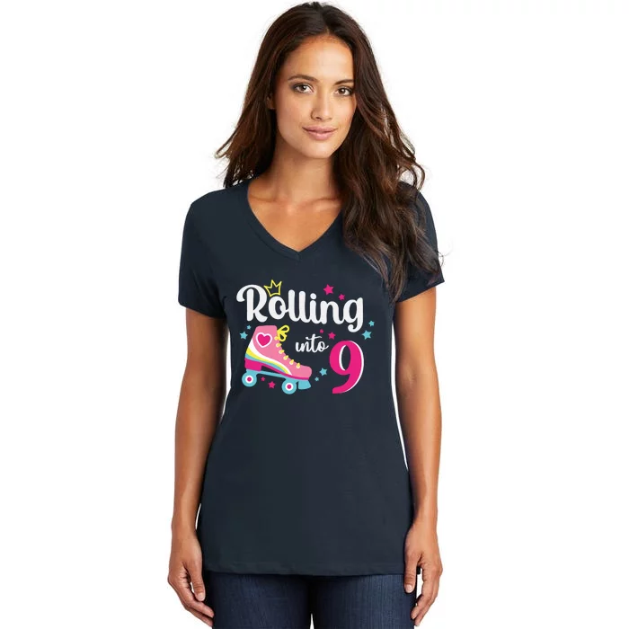 Rolling Into 9 Birthday Roller Skates 9th Birthday Women's V-Neck T-Shirt