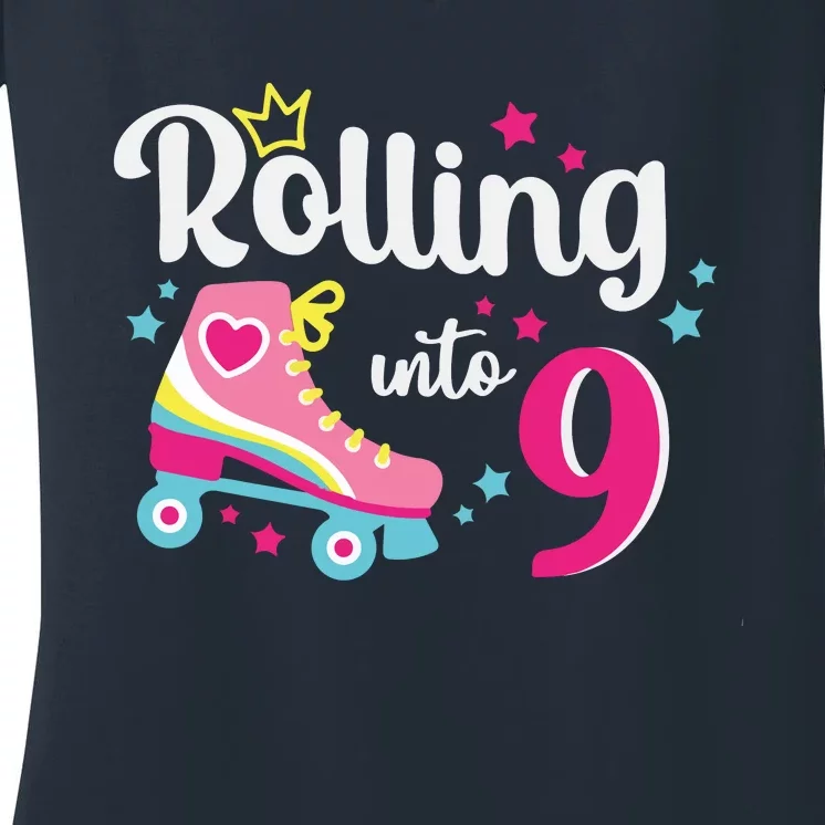 Rolling Into 9 Birthday Roller Skates 9th Birthday Women's V-Neck T-Shirt