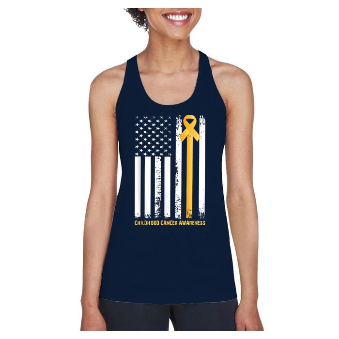 Ribbon In A Flag, Childhood Cancer Awareness Women's Racerback Tank