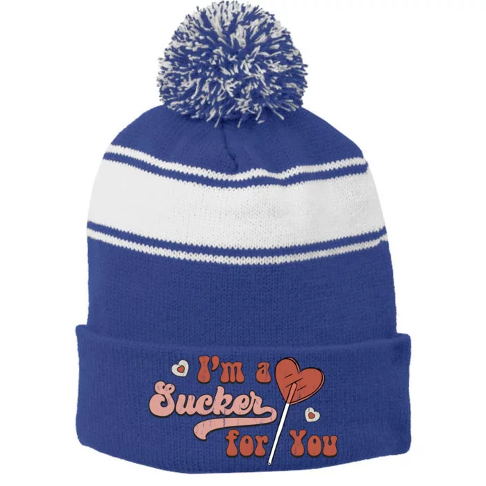 Retro Im A Sucker For You Couple Matching Valentine Clothing Gift Stripe Pom Pom Beanie