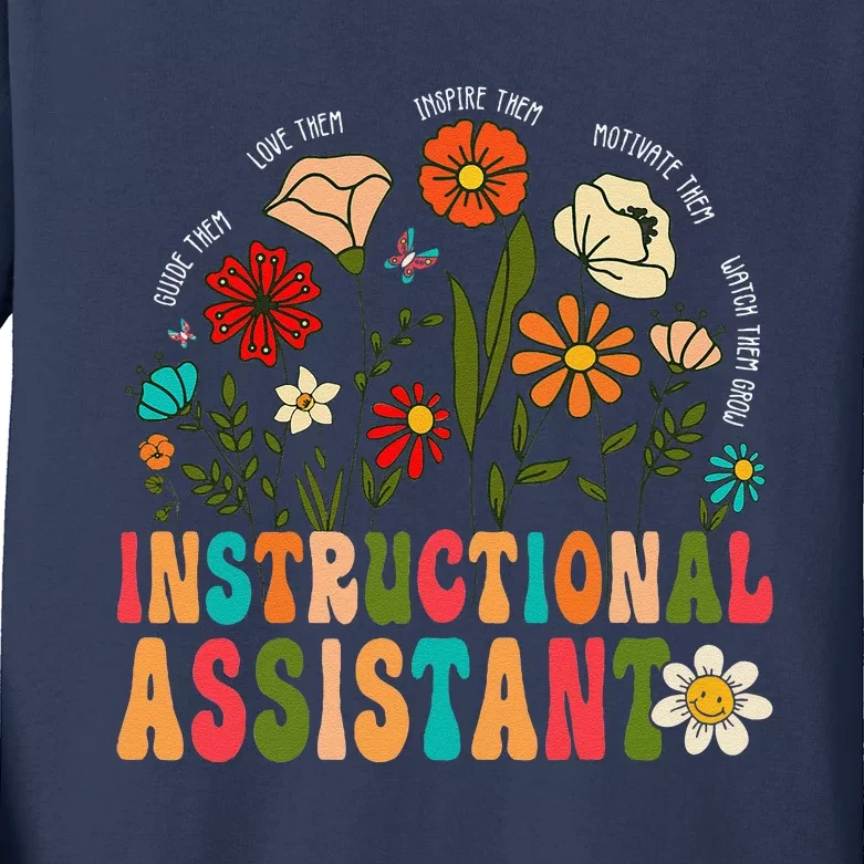 Retro Instructional Assistant Wildflowers Teacher Aide Kids Long Sleeve Shirt