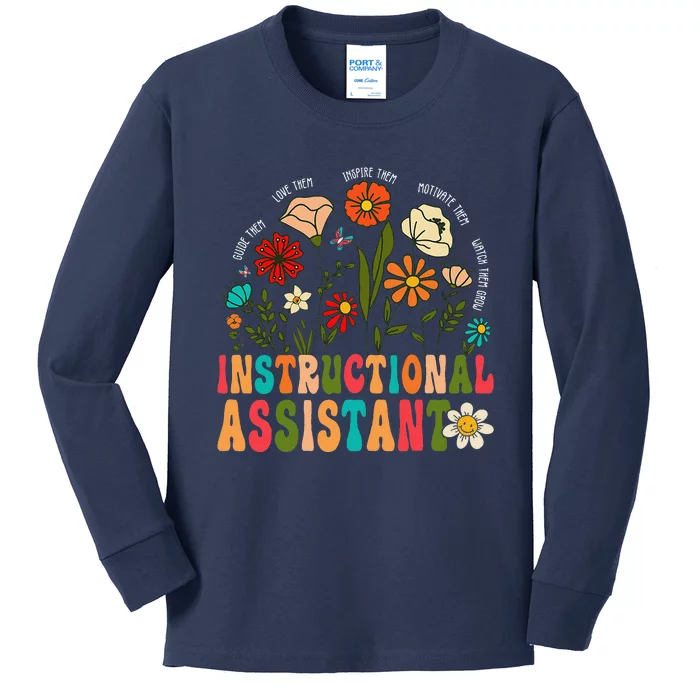 Retro Instructional Assistant Wildflowers Teacher Aide Kids Long Sleeve Shirt