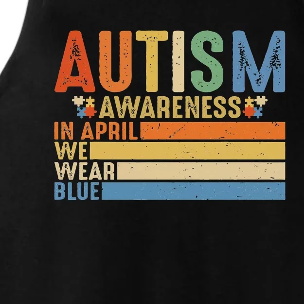 Retro IN APRIL WE WEAR BLUE Puzzle Autism Awareness Month Ladies Tri-Blend Wicking Tank