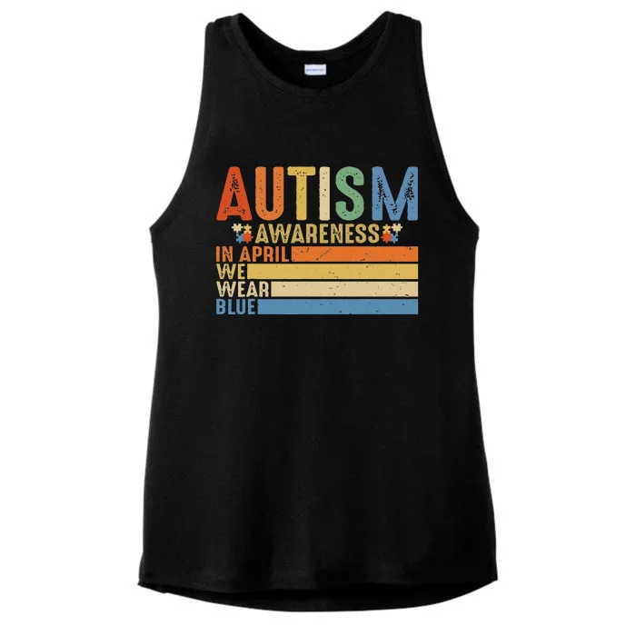 Retro IN APRIL WE WEAR BLUE Puzzle Autism Awareness Month Ladies Tri-Blend Wicking Tank