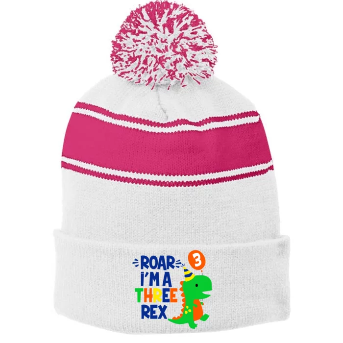 Roar I'm A Three Rex Dinosaur 3rd Birthday Boy 3 Years Bday Stripe Pom Pom Beanie