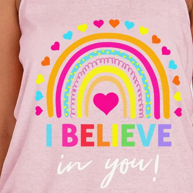 Rainbow I Believe In You Teacher Testing Day Gifts Women's Knotted Racerback Tank