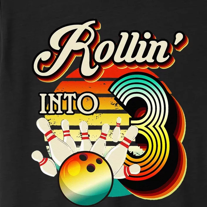 Rollin Into Bowling 3 Year Old Retro Birthday 3rd Bday Party ChromaSoft Performance T-Shirt