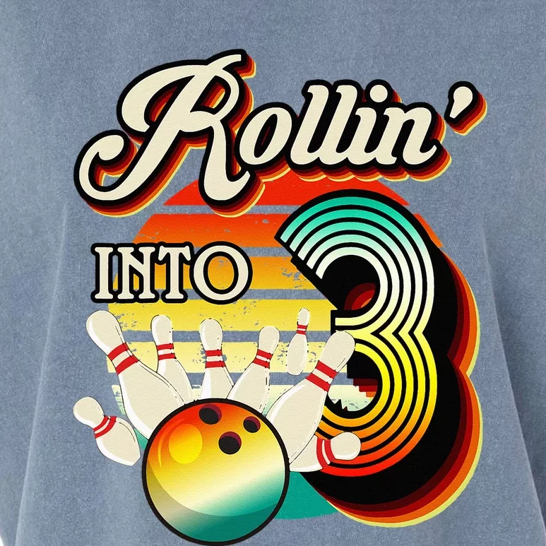 Rollin Into Bowling 3 Year Old Retro Birthday 3rd Bday Party Garment-Dyed Women's Muscle Tee