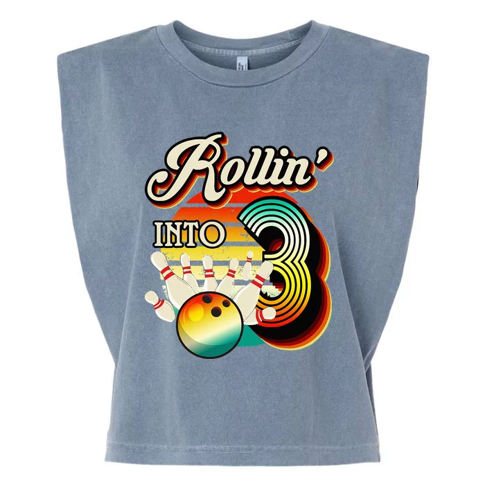 Rollin Into Bowling 3 Year Old Retro Birthday 3rd Bday Party Garment-Dyed Women's Muscle Tee