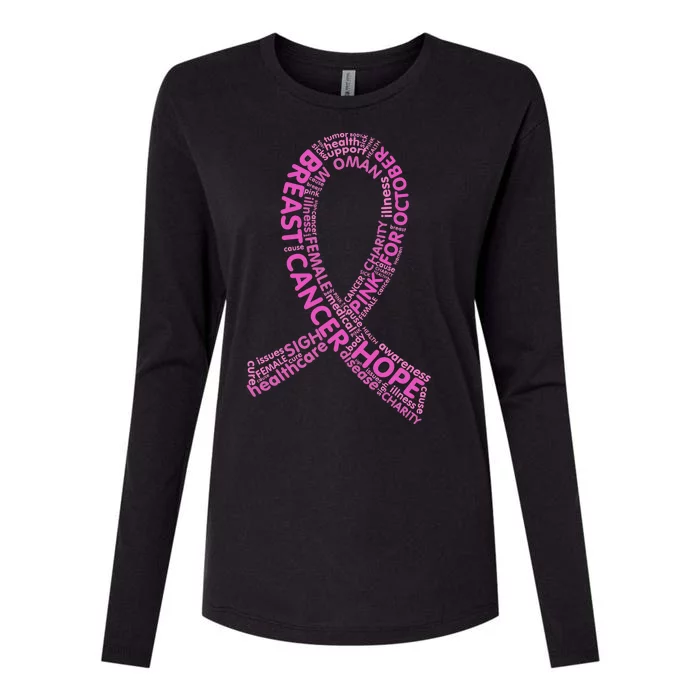 Ribbon Breast Cancer Word Print Womens Cotton Relaxed Long Sleeve T-Shirt