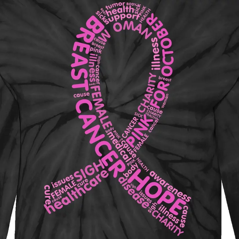 Ribbon Breast Cancer Word Print Tie-Dye Long Sleeve Shirt