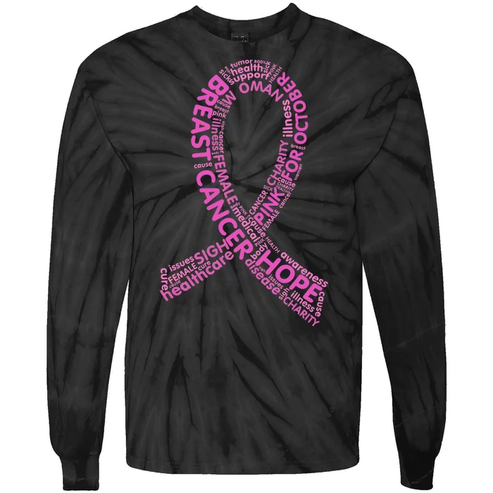 Ribbon Breast Cancer Word Print Tie-Dye Long Sleeve Shirt