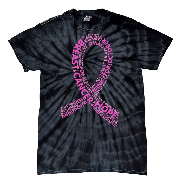 Ribbon Breast Cancer Word Print Tie-Dye T-Shirt