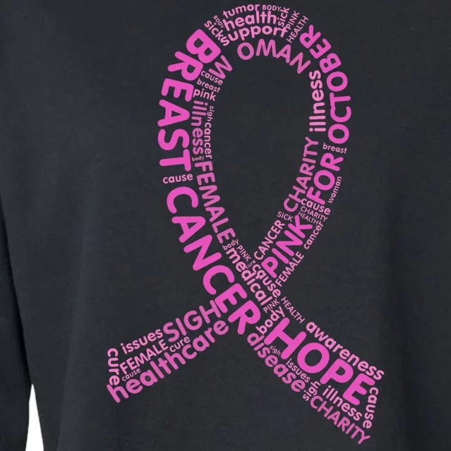 Ribbon Breast Cancer Word Print Cropped Pullover Crew