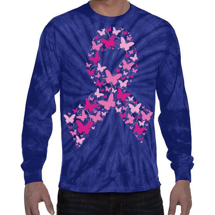 Ribbon Flight Of Awareness Butterfly Breast Cancer Tie-Dye Long Sleeve Shirt