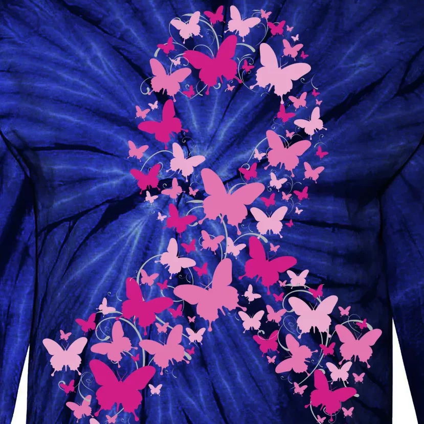 Ribbon Flight Of Awareness Butterfly Breast Cancer Tie-Dye Long Sleeve Shirt