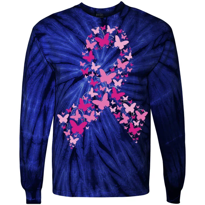 Ribbon Flight Of Awareness Butterfly Breast Cancer Tie-Dye Long Sleeve Shirt