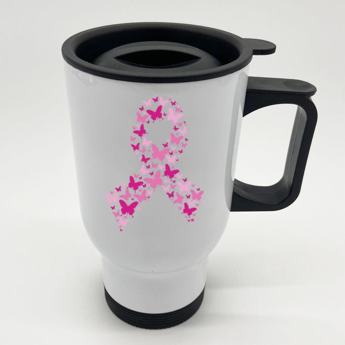 Ribbon Flight Of Awareness Butterfly Breast Cancer Front & Back Stainless Steel Travel Mug