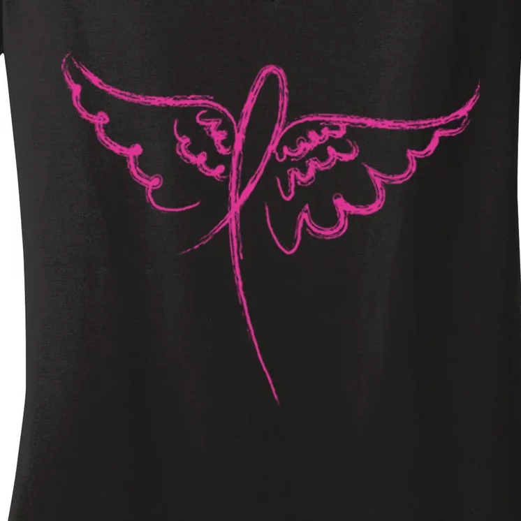 Ribbon On Wings Breast Cancer Women's V-Neck T-Shirt